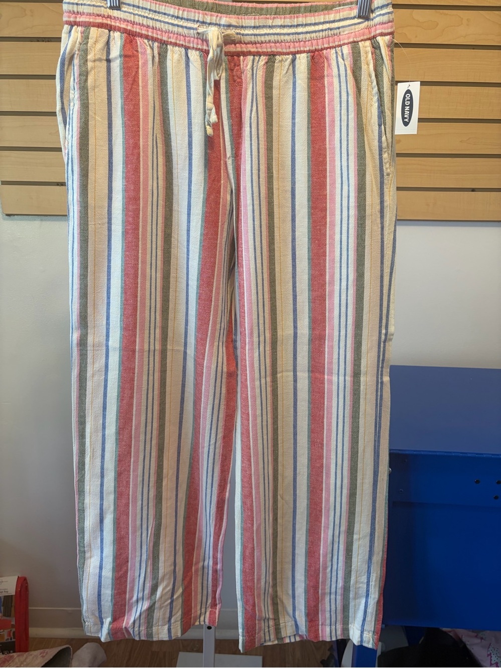 Striped Drawstring Lounge Pants in Coral, Blue & Cream